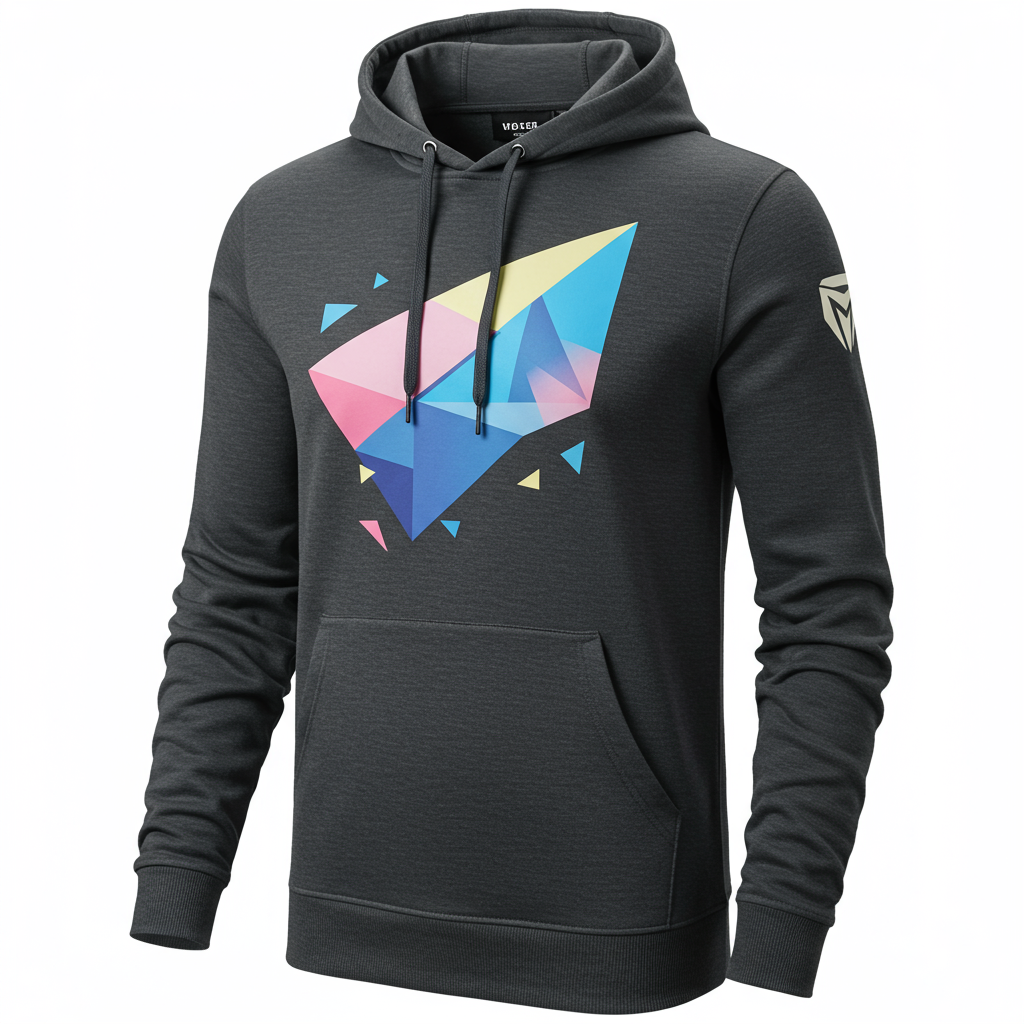 Dark gray cotton-blend gamer hoodie with a unique geometric print on the front.