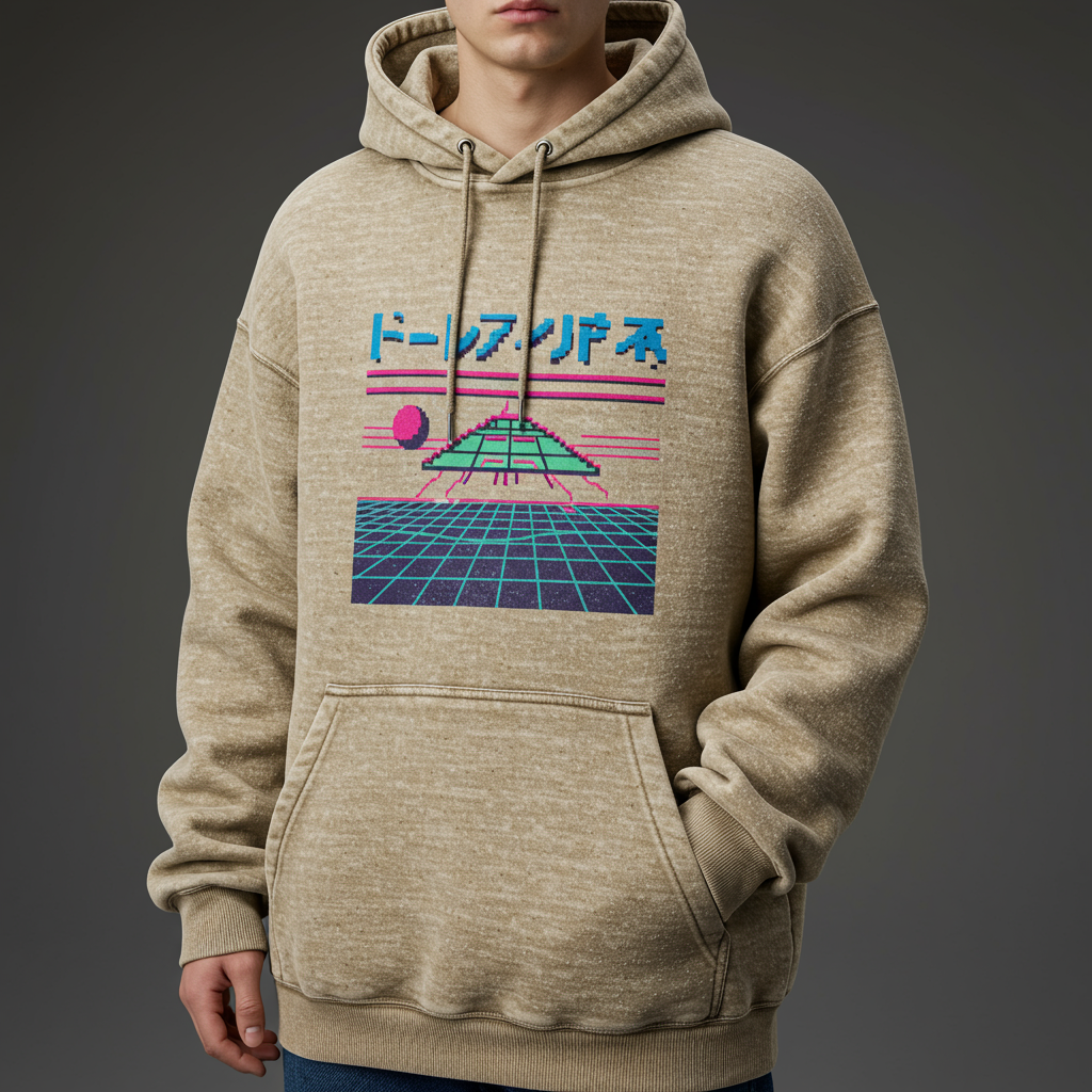 Oversized beige hoodie with a simple, abstract gaming-inspired graphic.