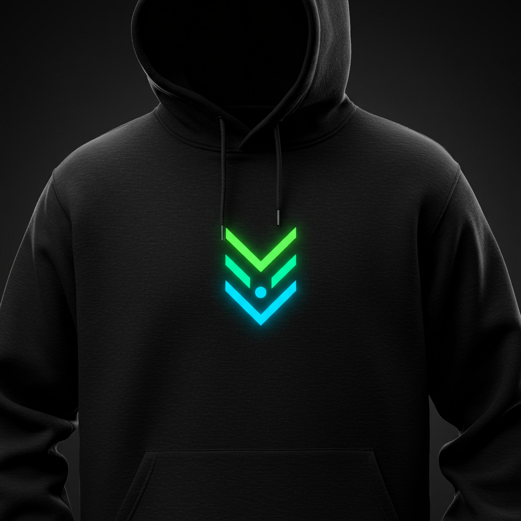 A classic black unisex gamer hoodie with a minimalist, glowing icon print on the chest.