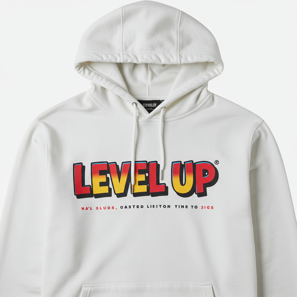 A white hoodie with a vibrant, colorful 'level up' print. Made for a regular fit.